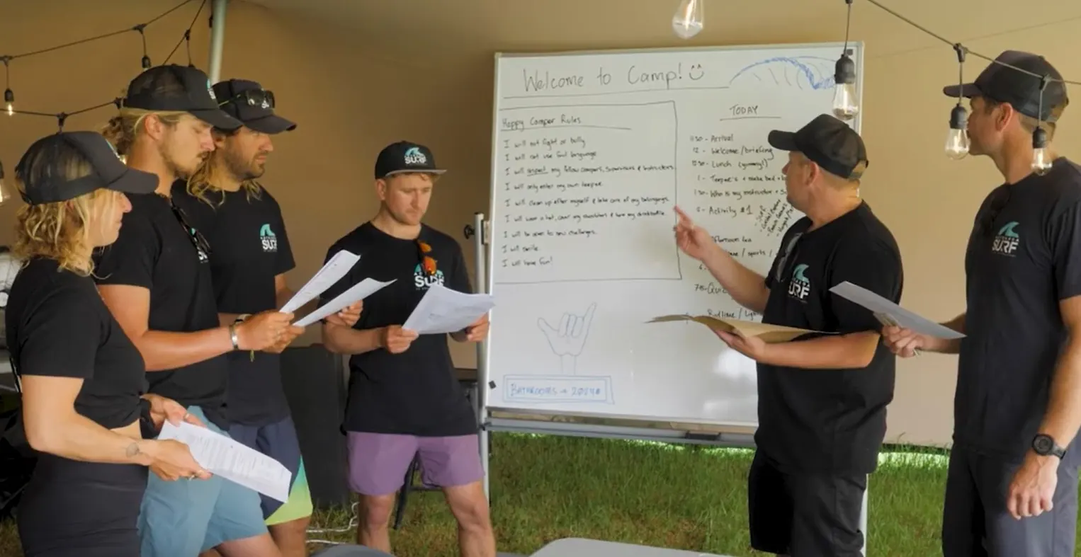 The instructor team runs through the camp plan at a whiteboard training session
